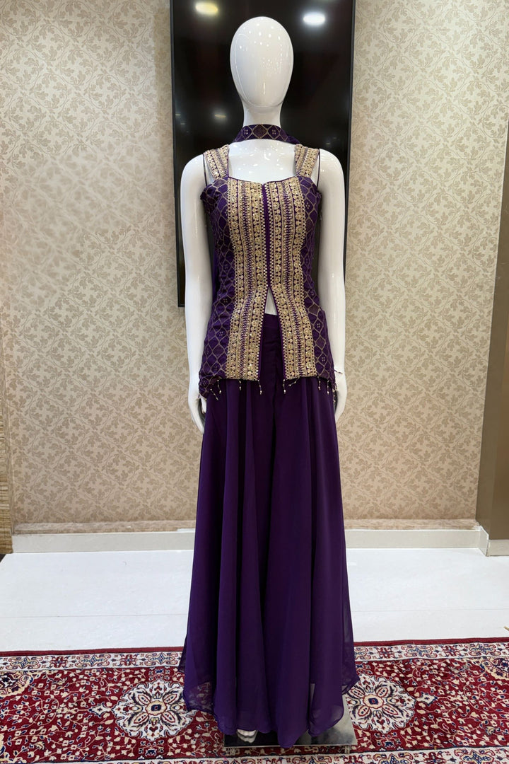 Purple Banaras Zari, Sequins and Zari Thread work Palazzo Suit Set