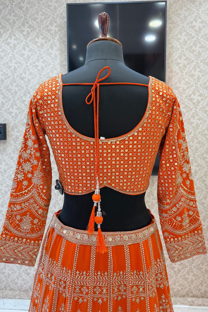 Orange Sequins and Zari work Crop Top Lehenga