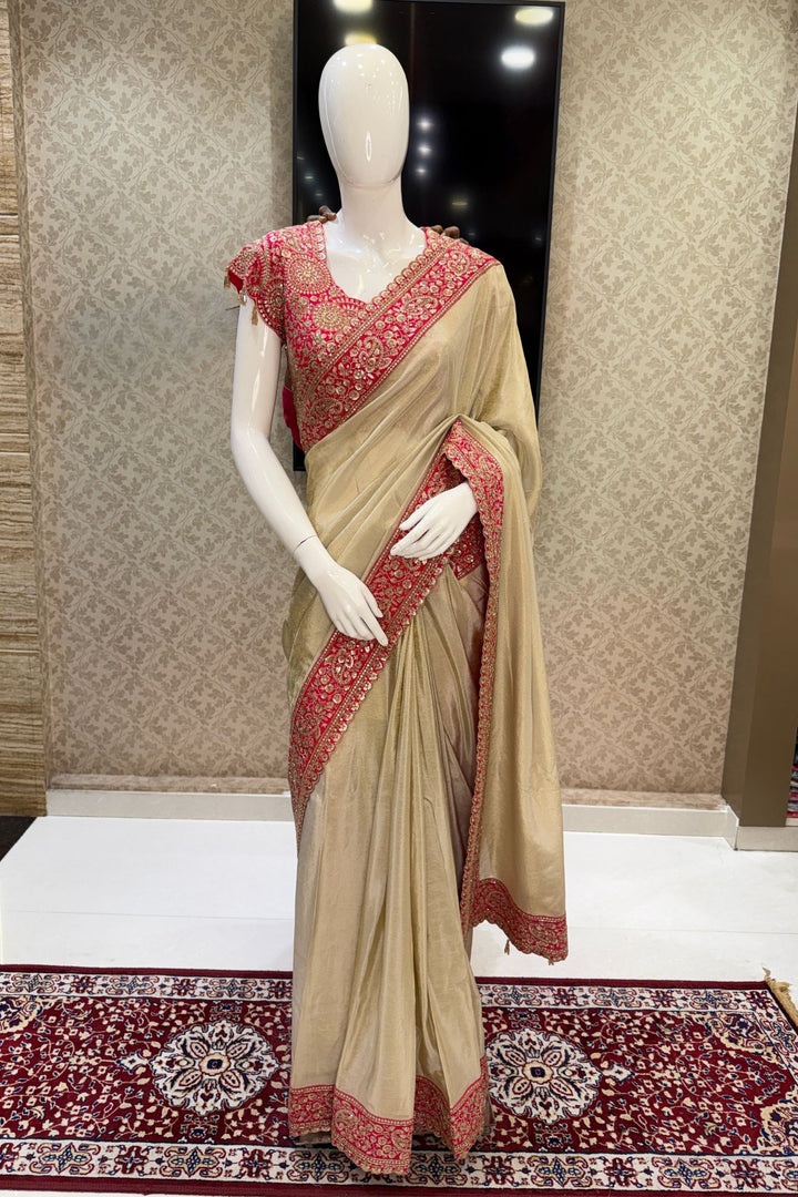 Chiku with Pink Saree with Sequins, Beads and Thread Embellishments