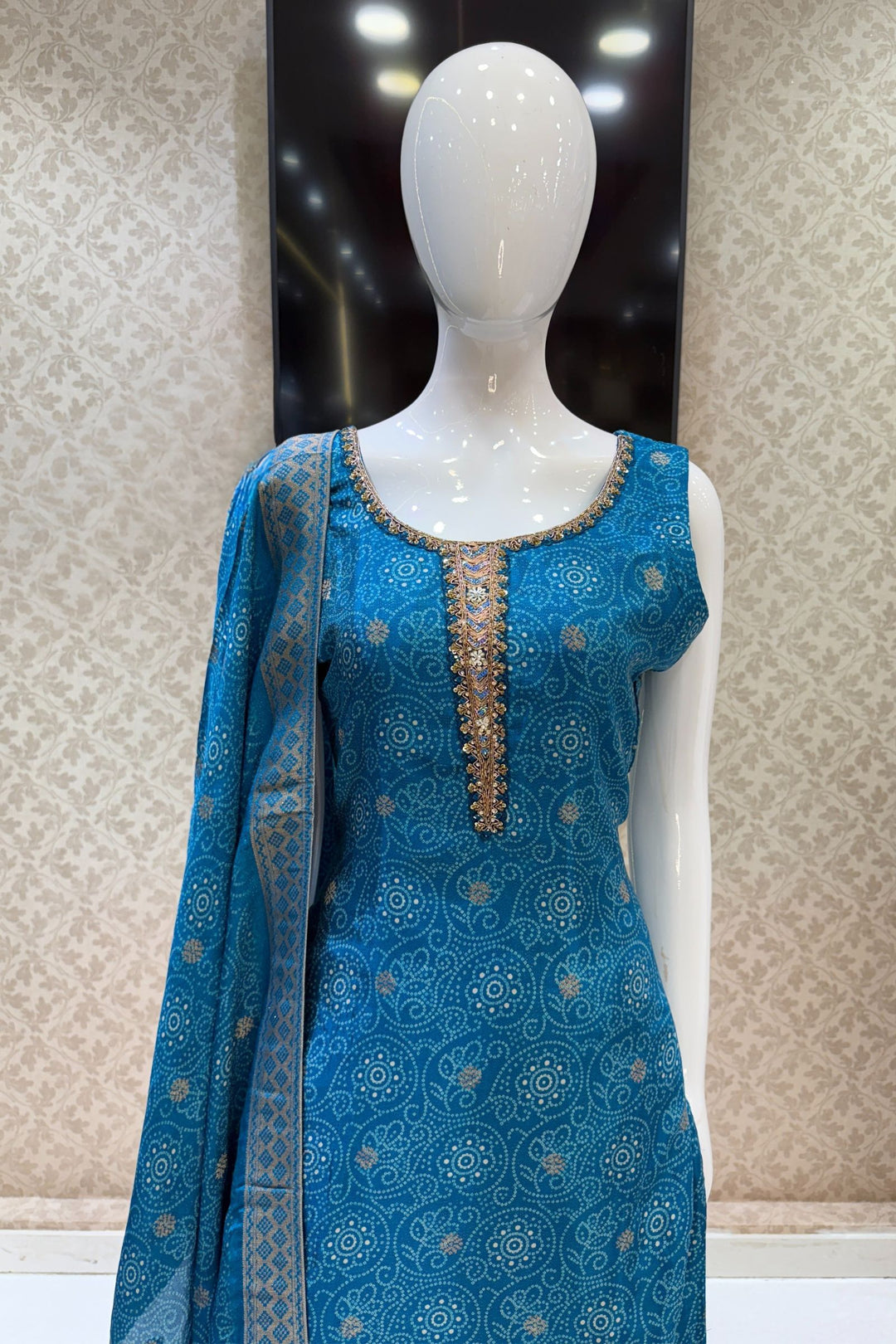 Rama Blue Zari Weaving and Banaras work with Bandini Print Straight Cut Salwar Suit