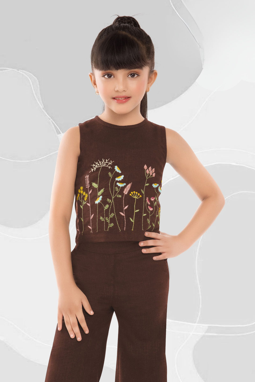 Brown Multicolor Thread work Co-ord Set for Girls