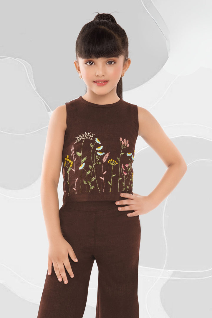 Brown Multicolor Thread work Co-ord Set for Girls