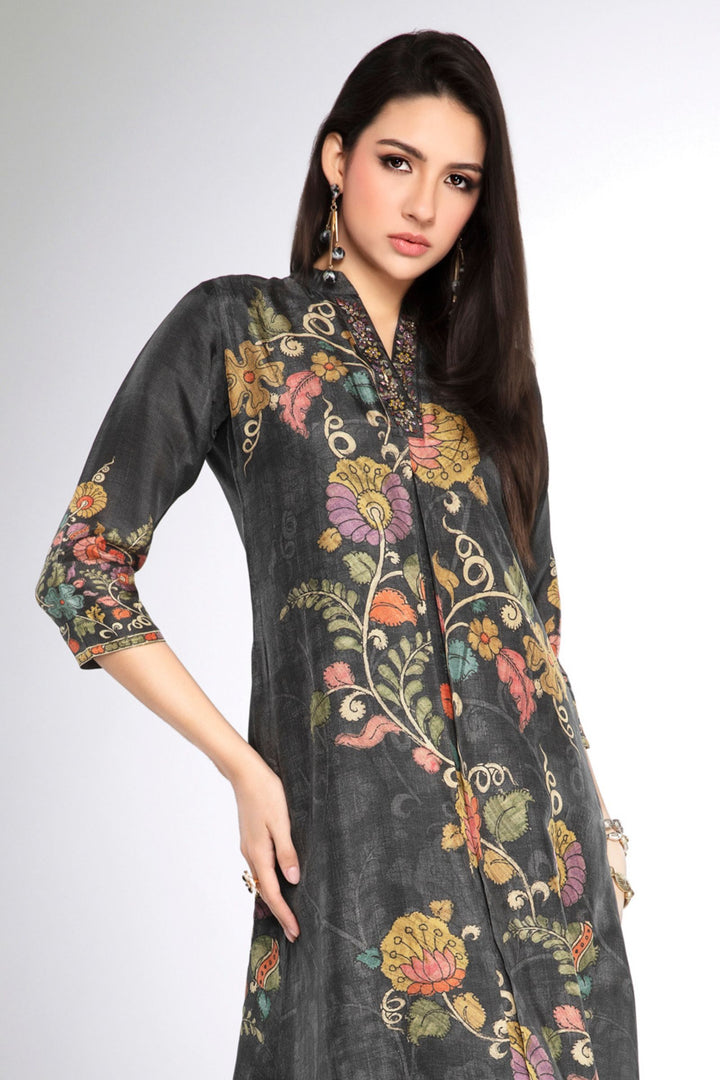 Elephant Grey Zardozi, Beads and Stone work with Floral Print A-line Cut Calf Length Kurti