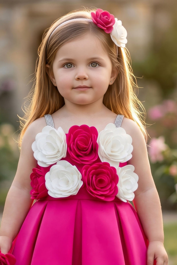 Tomato Red Floral Applique Short Partywear Frock for Girls