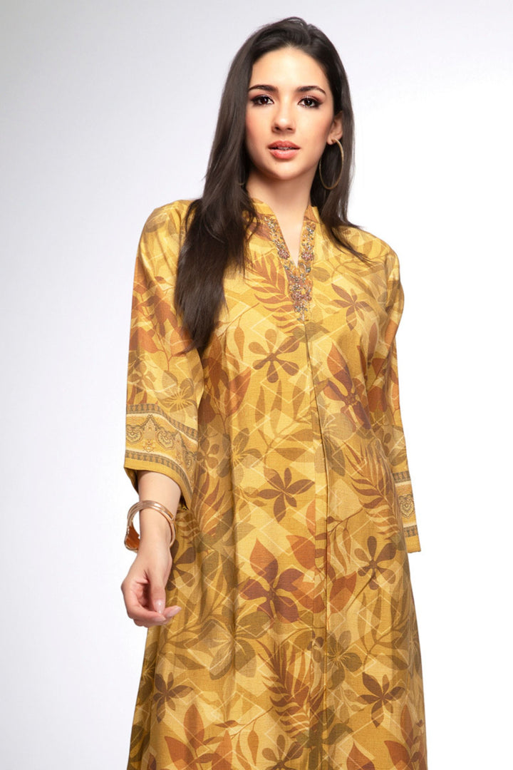 Mustard Beads, Sequins and Zardozi work with Digital Print A-Line Cut Calf Length Kurti