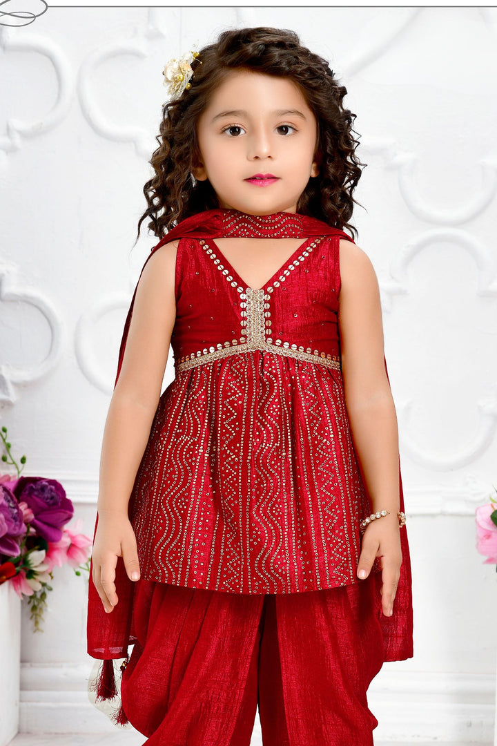 Maroon Printed, Sequins and Zari work Dhoti Style Peplum Top for Girls