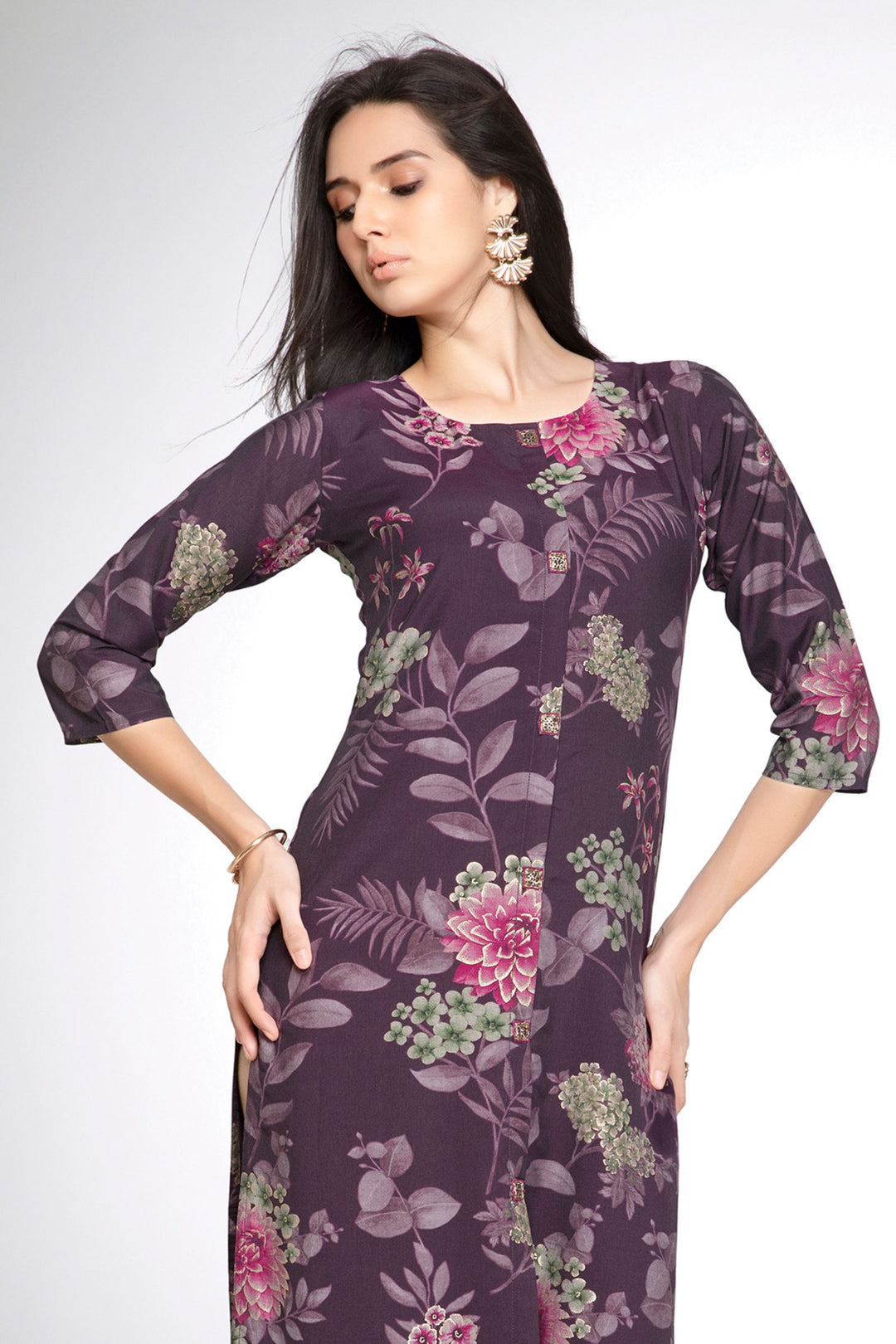 Wine Floral Print Calf Length Kurti