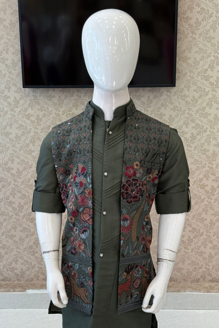 Green Multicolor Thread and Sequins work Waist Coat Kurta Set for Boys