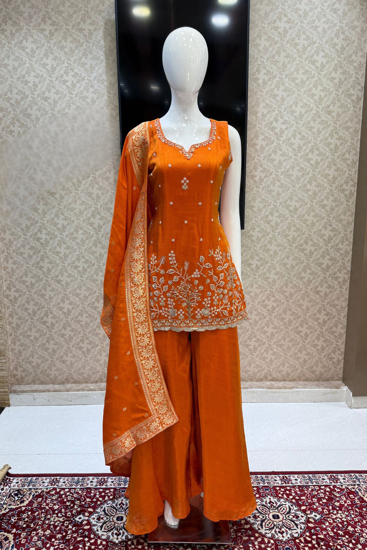 Orange Beads, Sequins and Zari work Palazzo Salwar Suit