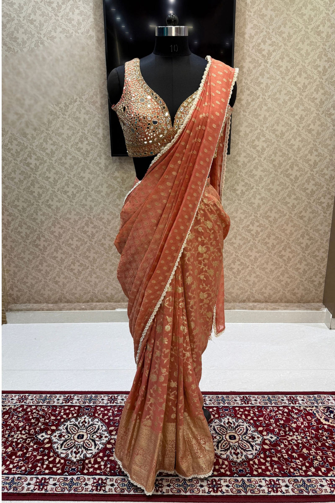 Rust Orange Readymade Banaras work Saree with Mirror work Readymade Blouse