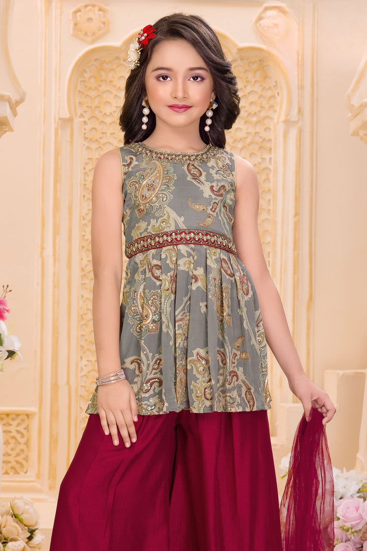 Grey with Maroon Zari, Sequins and Beads work with Digital Print Palazzo Suit Set for Girls