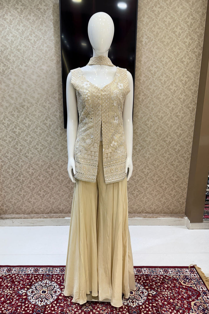 Cream Stone, Zari, Thread, Sequins and Beads work Salwar with Palazzo Pant
