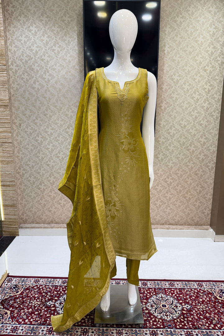 Liril Green Brocade, Zardozi, Beads, Thread, Stone and Zari work Straight Cut Salwar Suit
