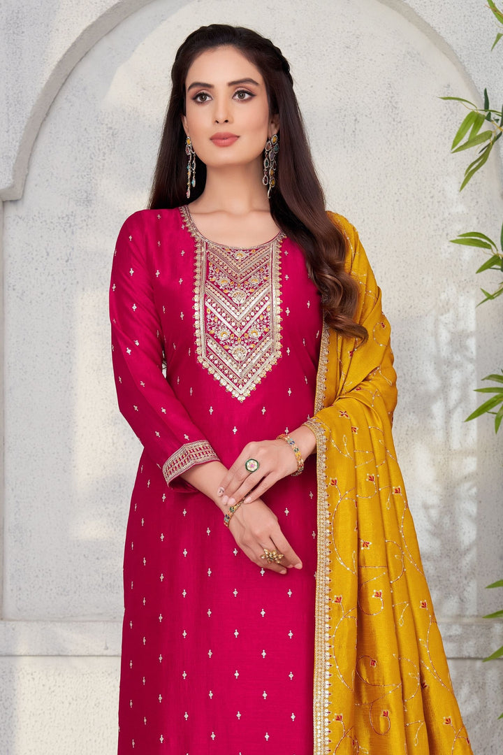 Rani Pink Sequins, Zari and Thread work Straight Cut Salwar Suit