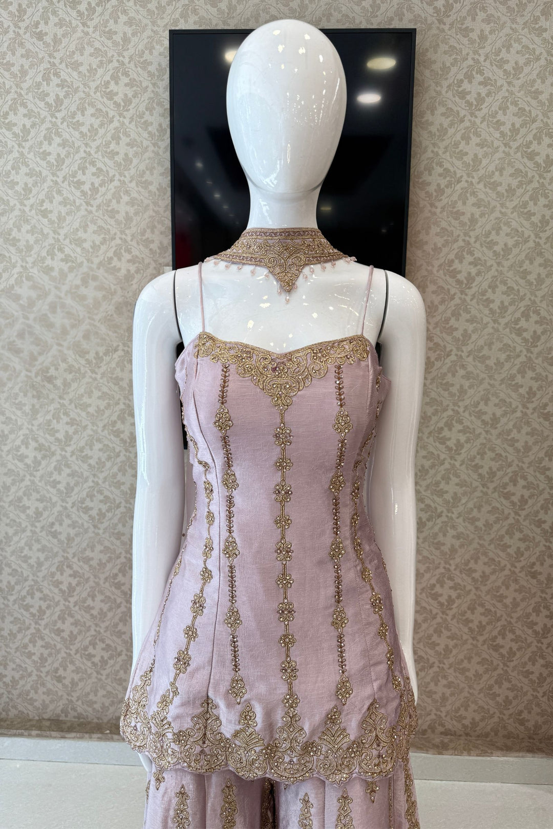 Lilac Palazzo Salwar Suit with Stone, Zari, Thread and Pearl Detailing