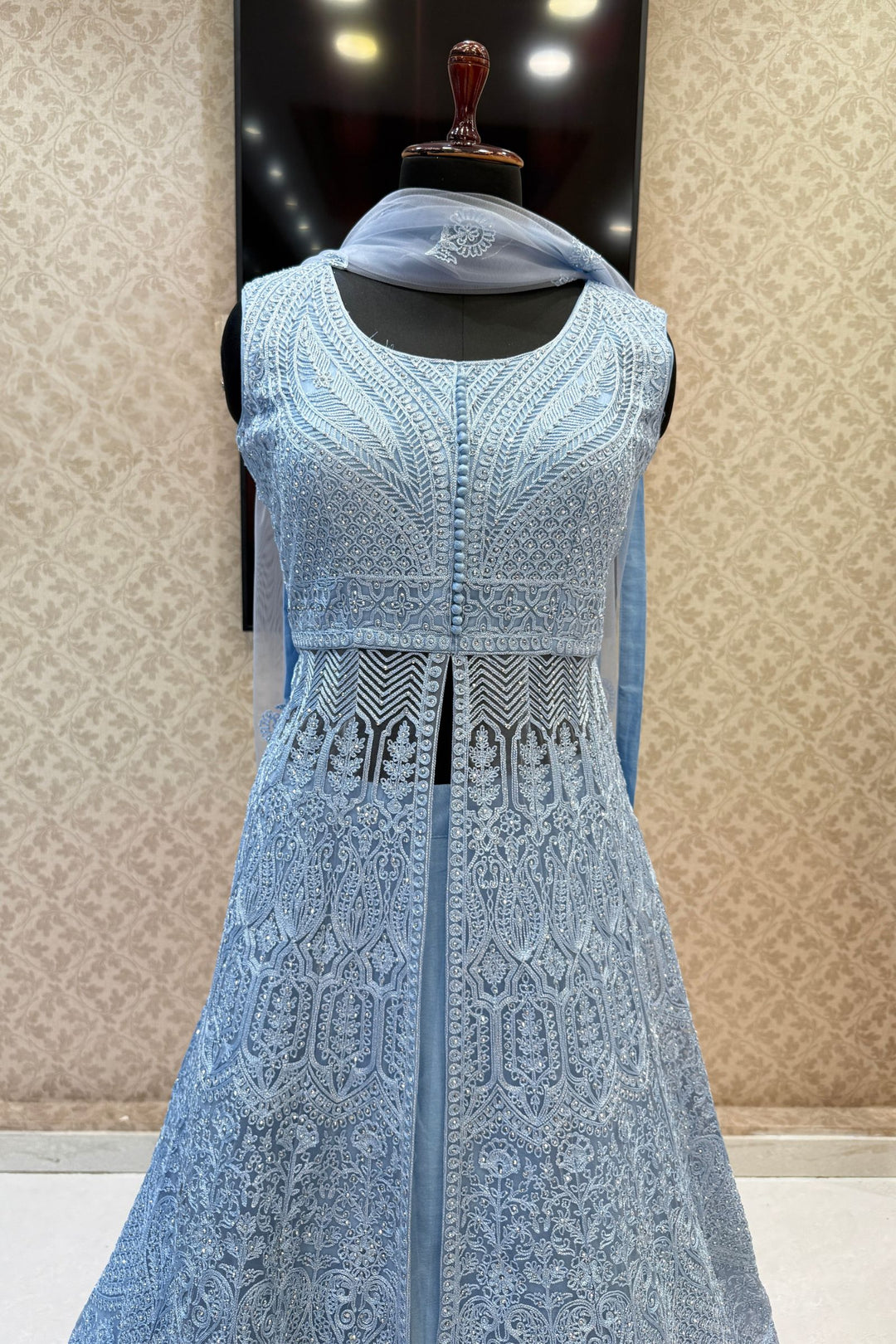 Sea Blue Zari Thread and Stone work Mastani Styled Long Top Lehenga