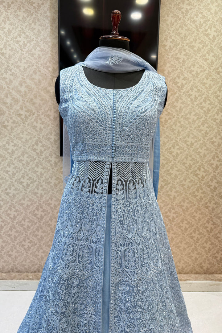 Sea Blue Zari Thread and Stone work Mastani Styled Long Top Lehenga