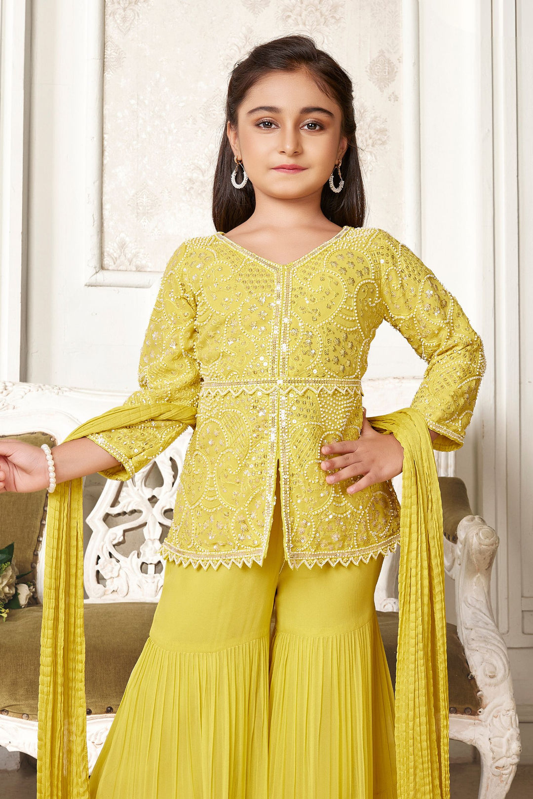 Yellow Beads, Sequins and Thread work Sharara Set for Girls with Belt