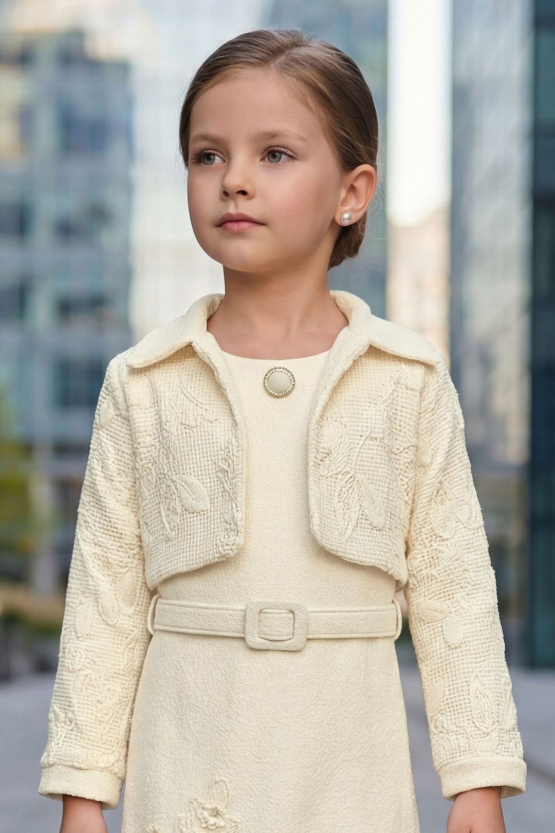 Cream Sequins, Stone, Thread and Zari Weaving work Jacket Styled Short Frock For Girls