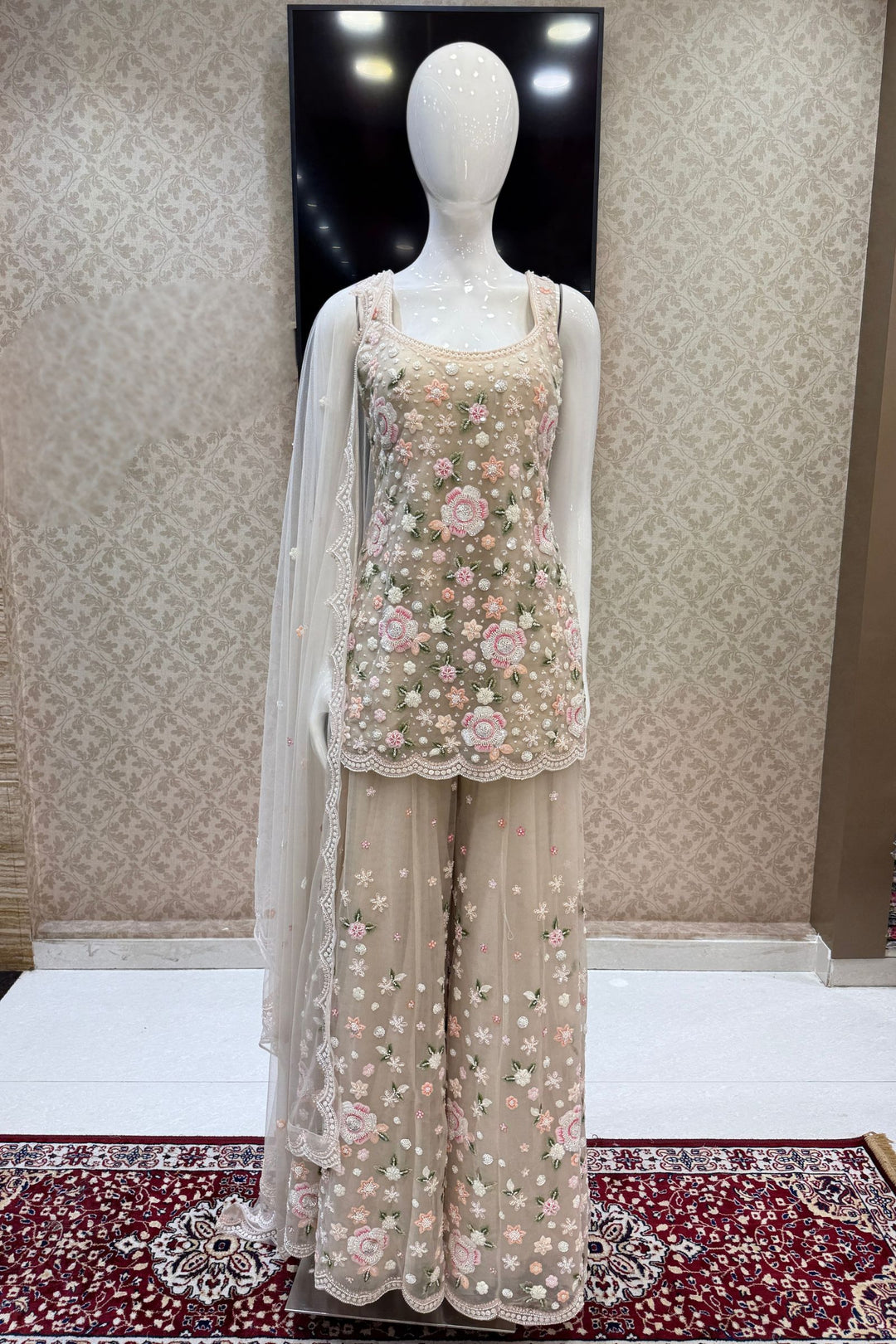 Beige Beads, Sequins and Multicolor Embroidery work Palazzo Salwar Suit