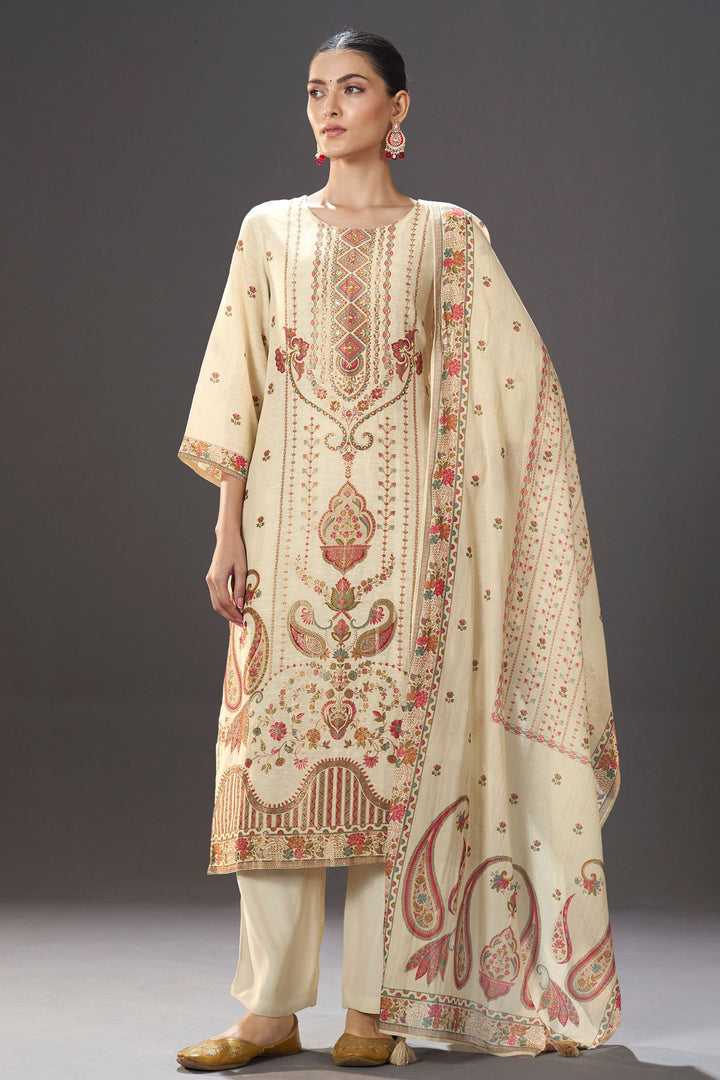 Beige Beads and Multicolor Banaras work Straight Cut Salwar Suit