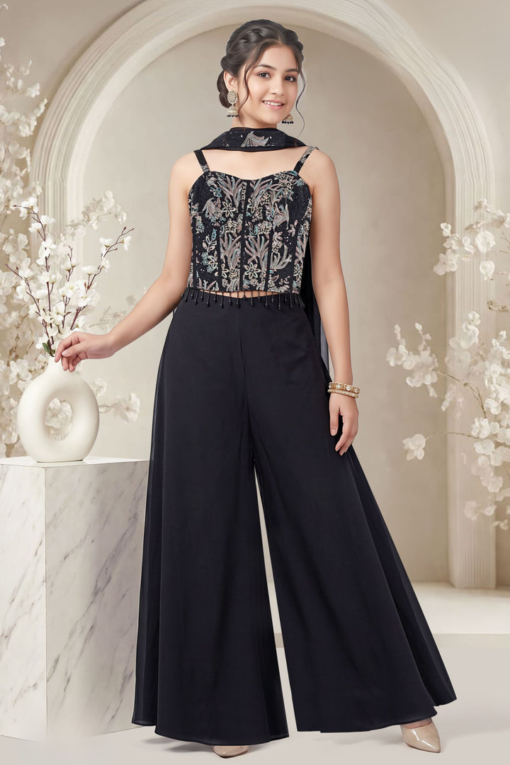 Black Floral Embroidered, Beads, Stone, Zari and Sequins work Palazzo Set
