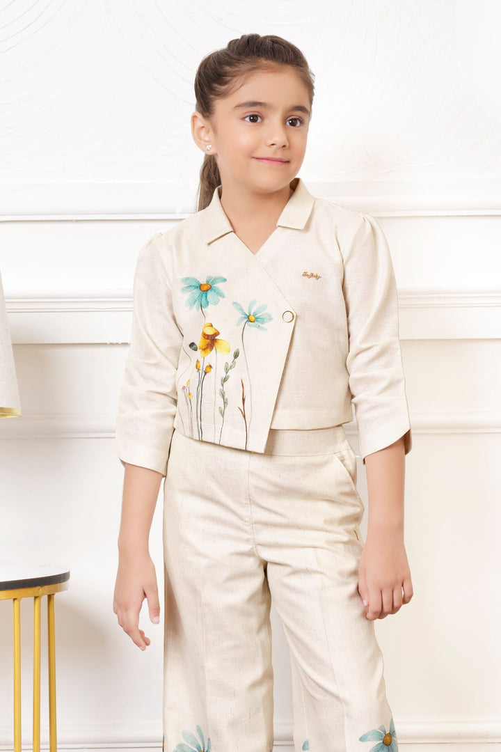 Beige with Multicolor Digital Print and Zari Weaving Co-ord Set for Girls