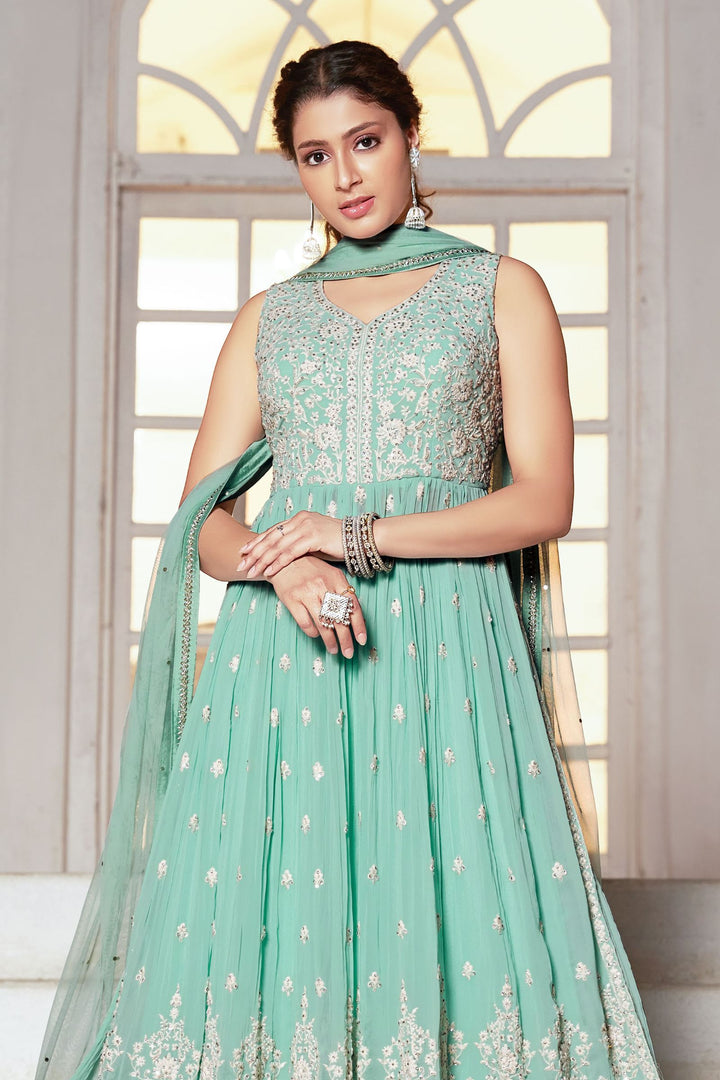 Sea Blue Embroidery, Stone and Sequins work Salwar Suit with Palazzo Pants