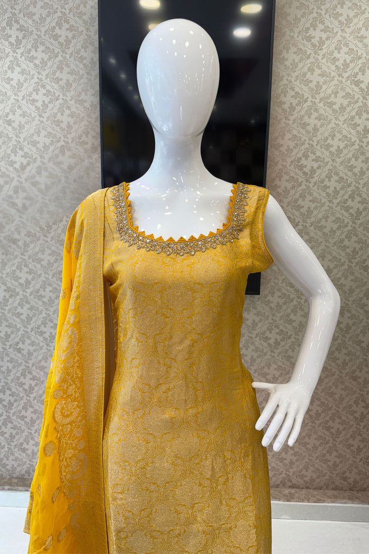 Yellow Beads, Mirror, Stone, Banaras and Brocade work Straight Cut Salwar Suit