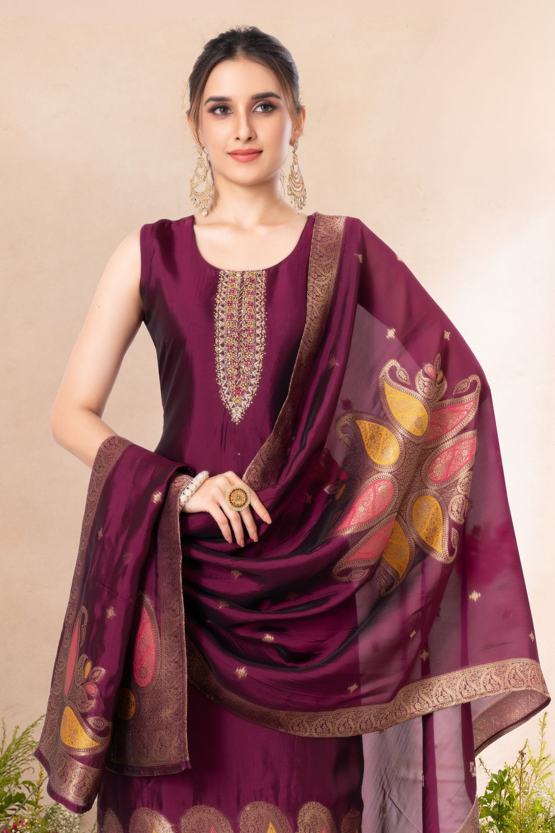 Wine Zardozi, Stone, Thread, Sequins and Banaras work Straight Cut Salwar Suit