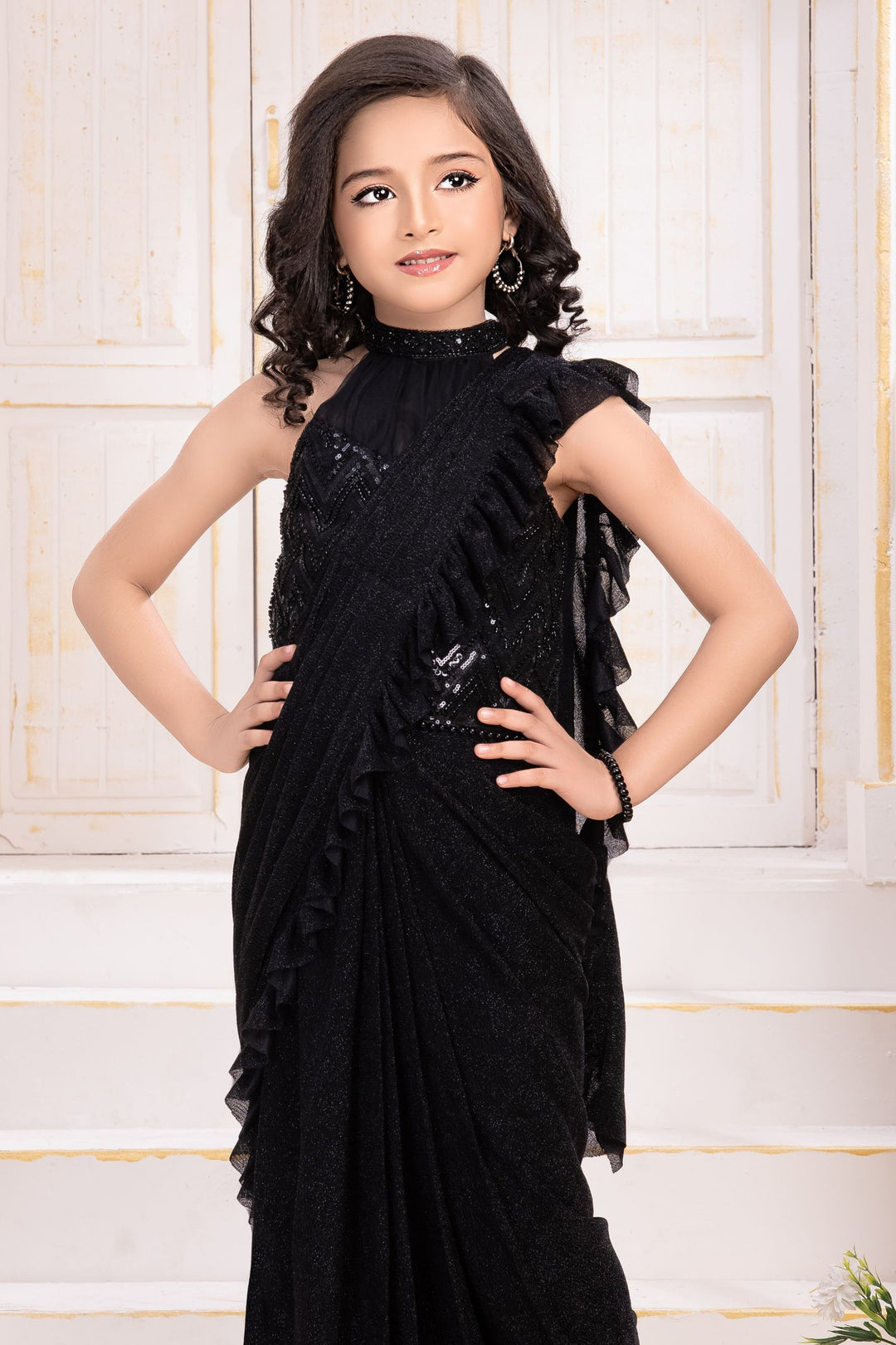 Black Beads and Sequins work Indo-Western saree for Kids