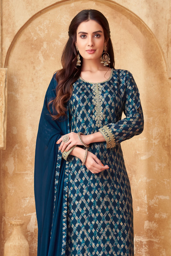 Indigo Blue Zardozi, Sequins and Thread work with Digital Print Straight Cut Salwar Suit