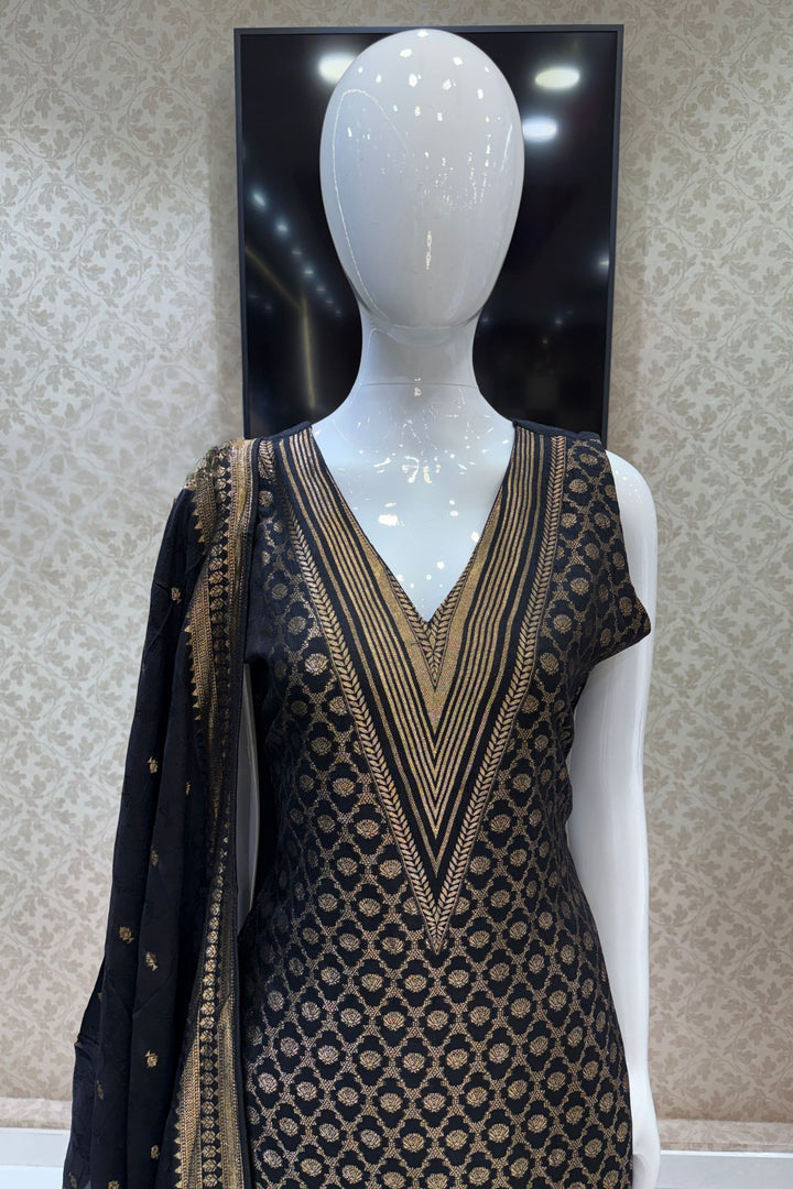 Black Banaras work V-Neck Straight Cut Salwar Suit