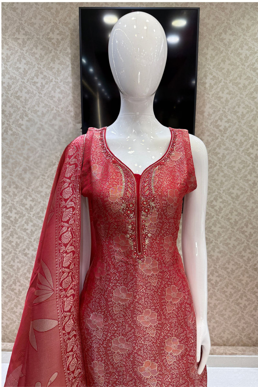 Red Brocade, Zardozi, Stone, Beads and Thread work Straight Cut Salwar Suit