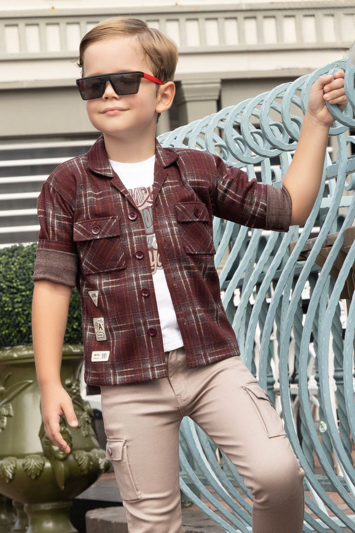 Brown with White Printed Blazer, T-Shirt and Light Grey Pant Set for Boys with Belt