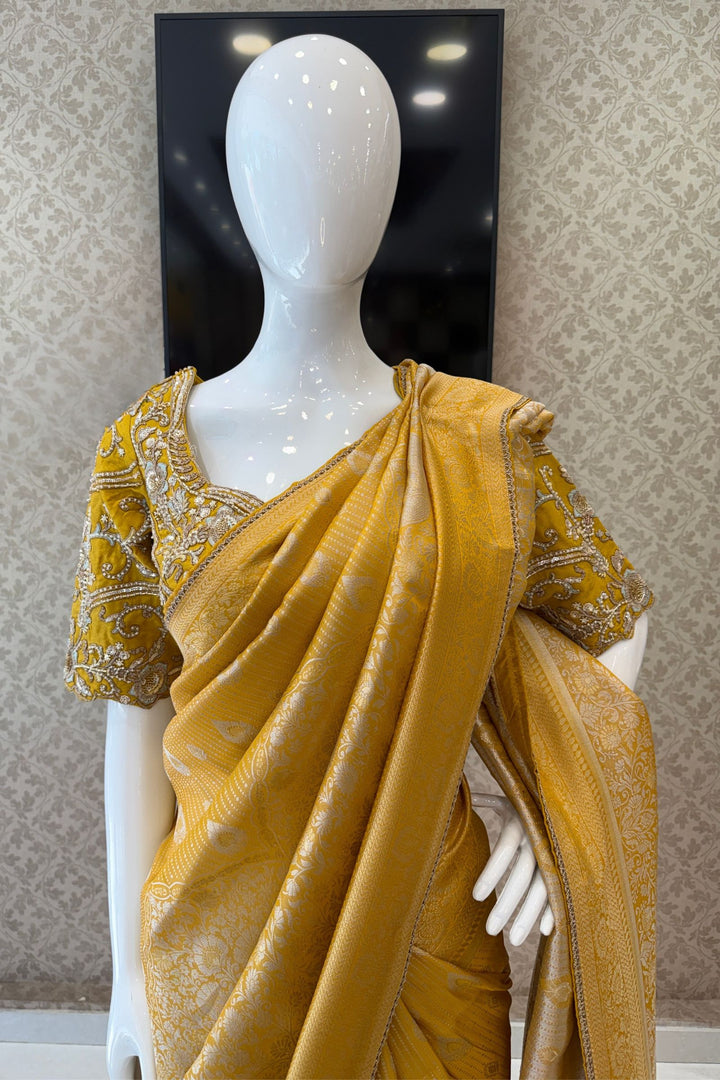 Yellow Zari work Saree with Pearl, Zardozi, Beads and Sequins work Readymade Blouse