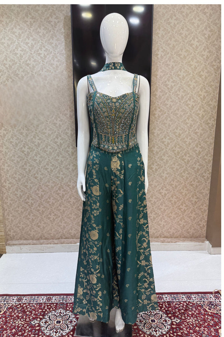 Green Zardozi, Mirror, Beads, Sequins, Thread, Zari and Stone work Palazzo Suit Set