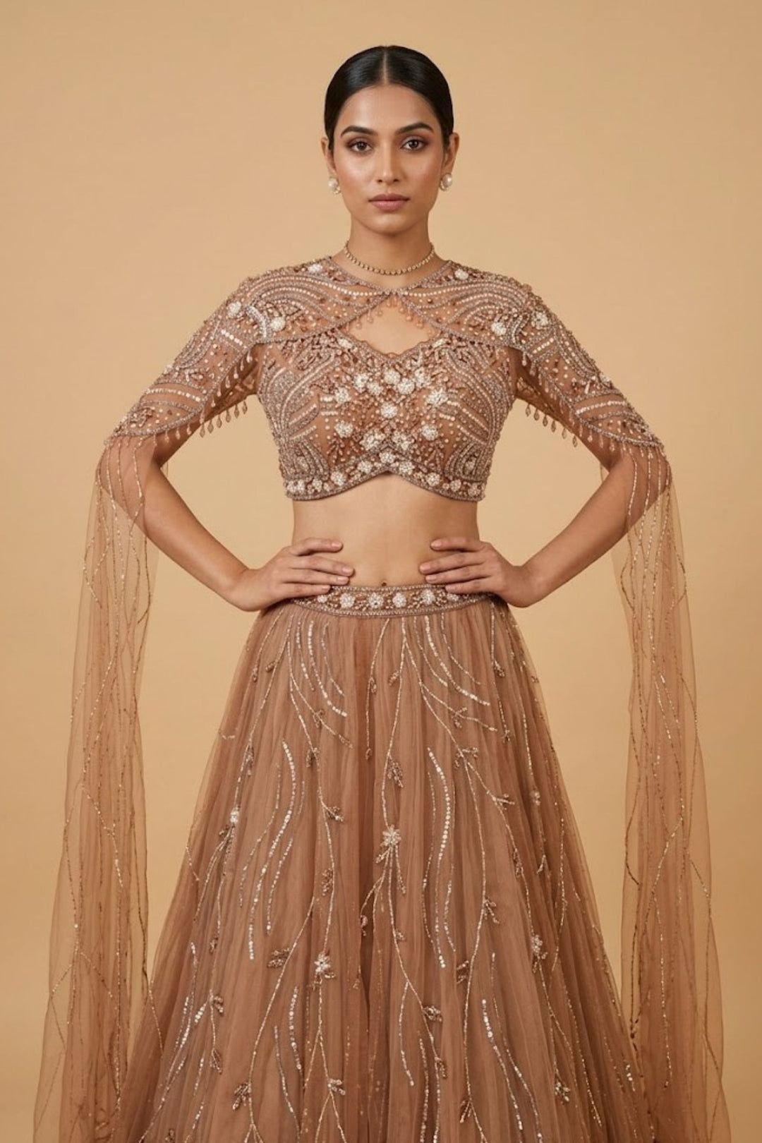 Designer Copper Brown Lehenga with Intricate Beads, Stone and Sequins work