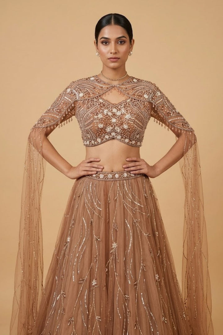 Designer Copper Brown Lehenga with Intricate Beads, Stone and Sequins work