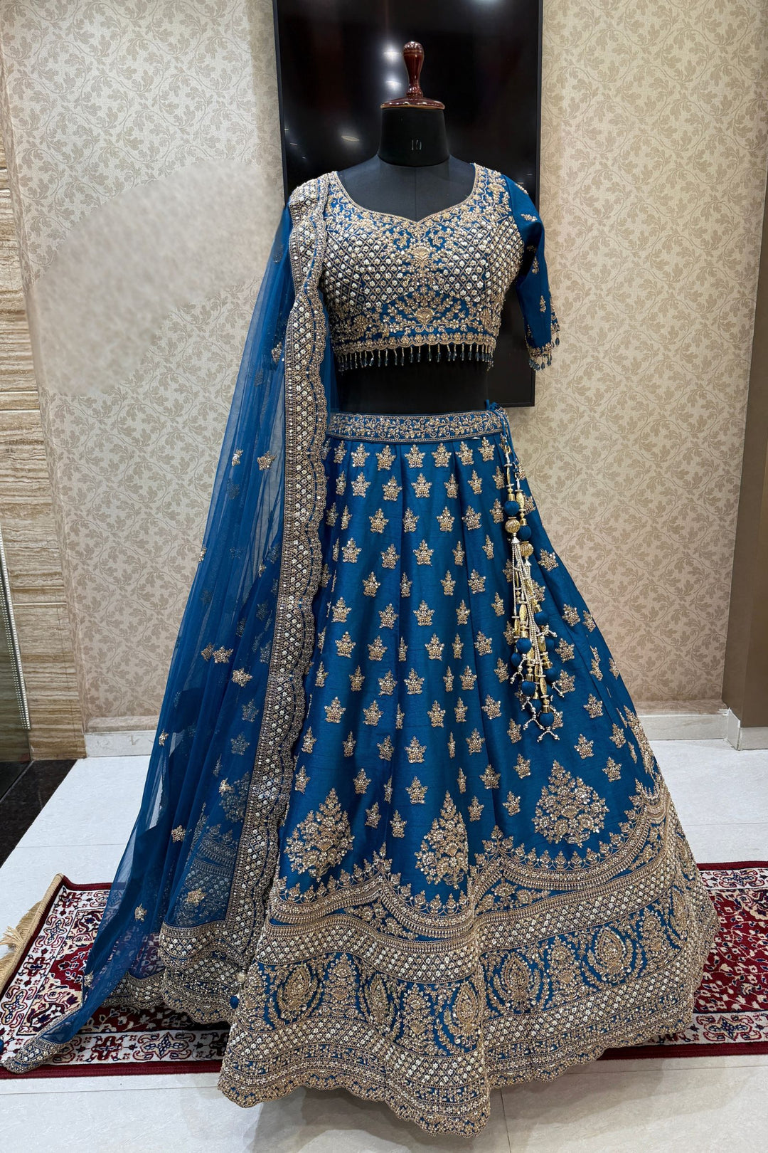 Teal Blue Beads, Zari, Zardozi and Sequins work Crop Top Designer Bridal Lehenga with Belt