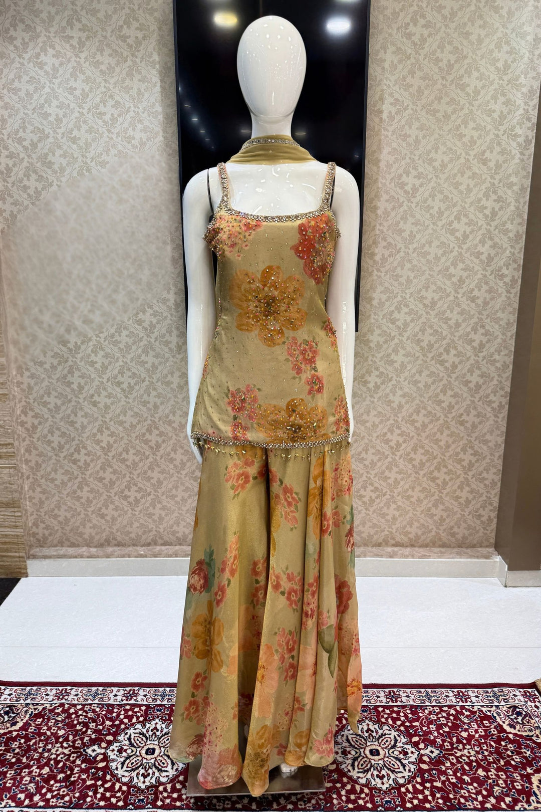 Light Beige Stone, Beads and Kundan work with Floral Print Palazzo Salwar Suit