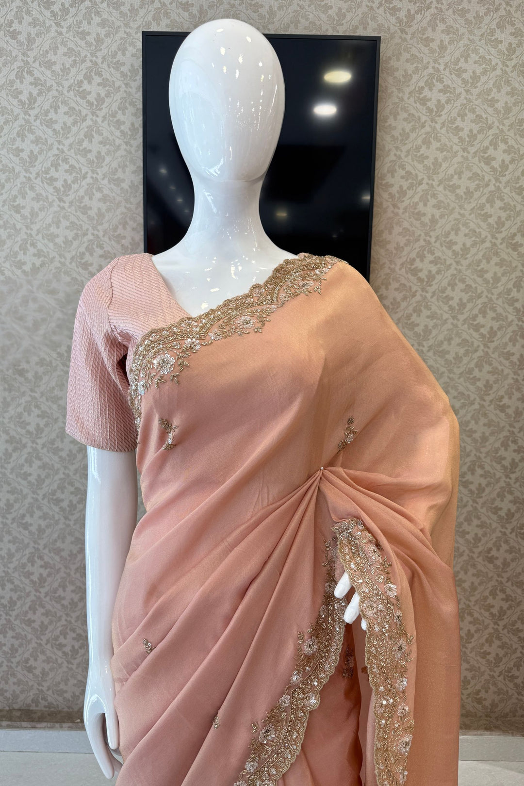 Peach Party Wear Saree with Sequins, Beads Border and Floral Motif Embroidery