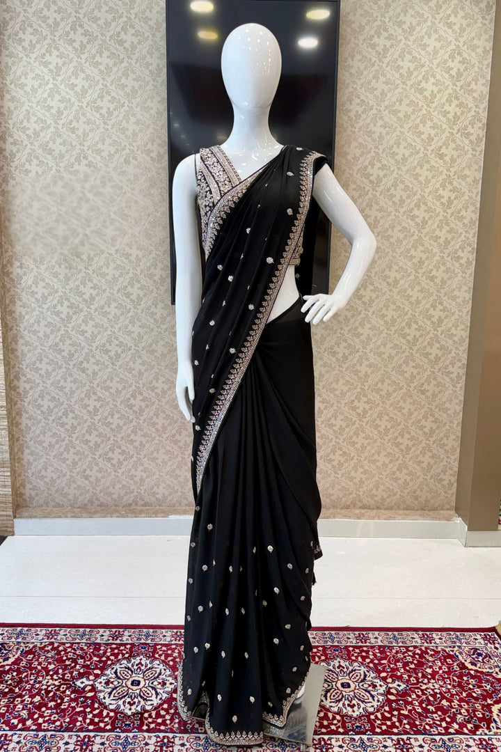Black Pink Zari and Sequins work Saree