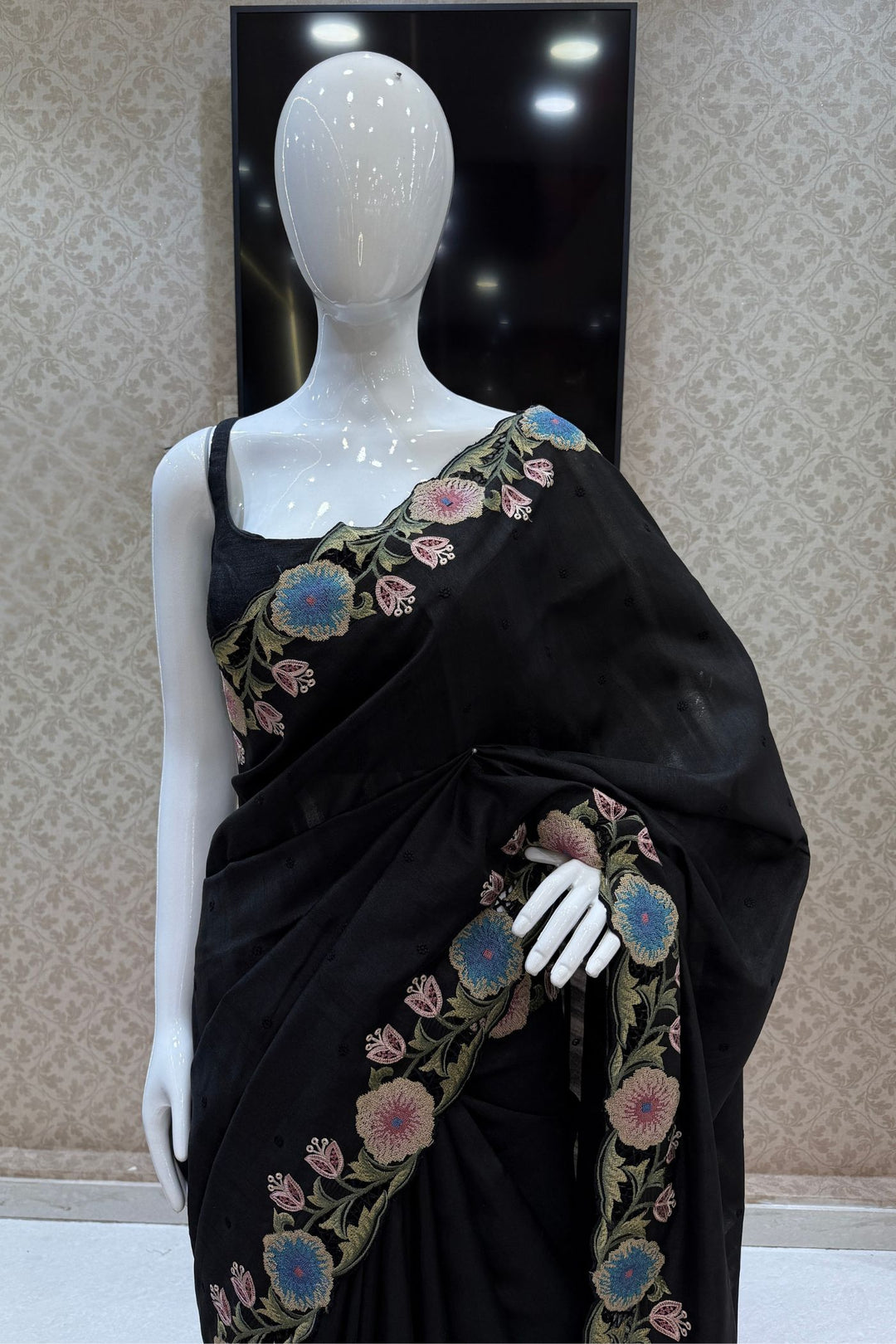 Black Multicolor Embroidery work Saree
