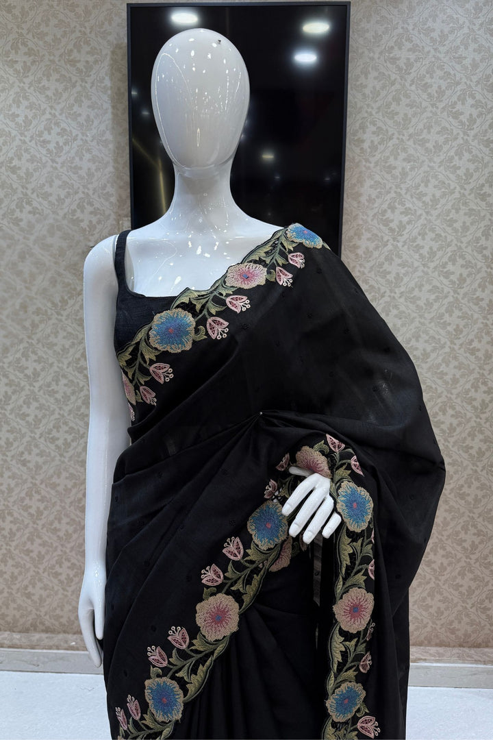 Black Multicolor Embroidery work Saree