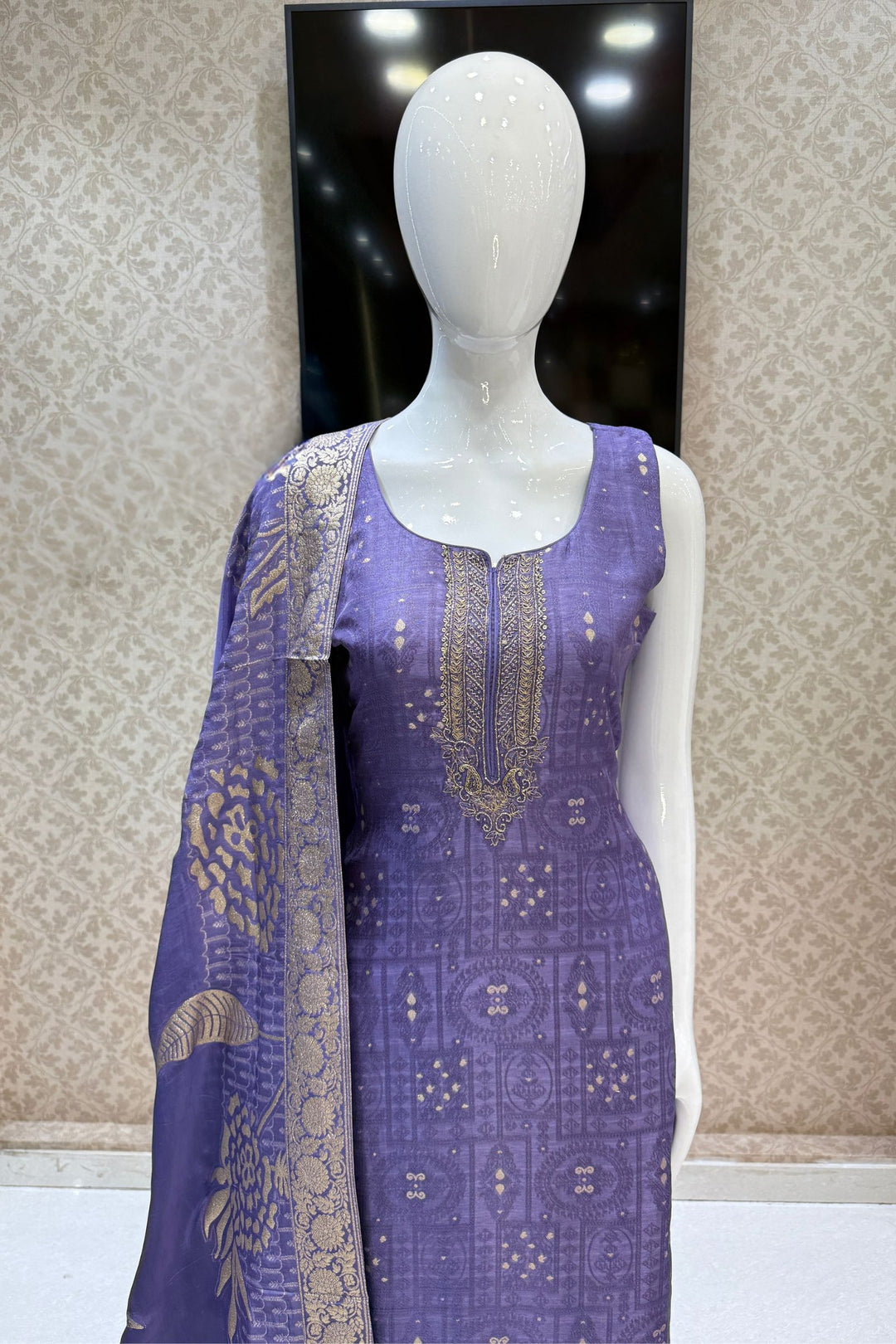 Lavender Beads, Sequins, Zardozi, Stone, Banaras and Jacquard work Straight Cut Salwar Suit