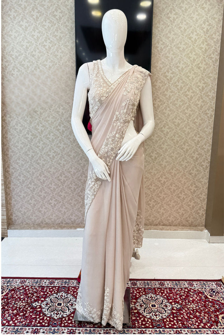 Beige Thread, Zari and Sequins work Saree