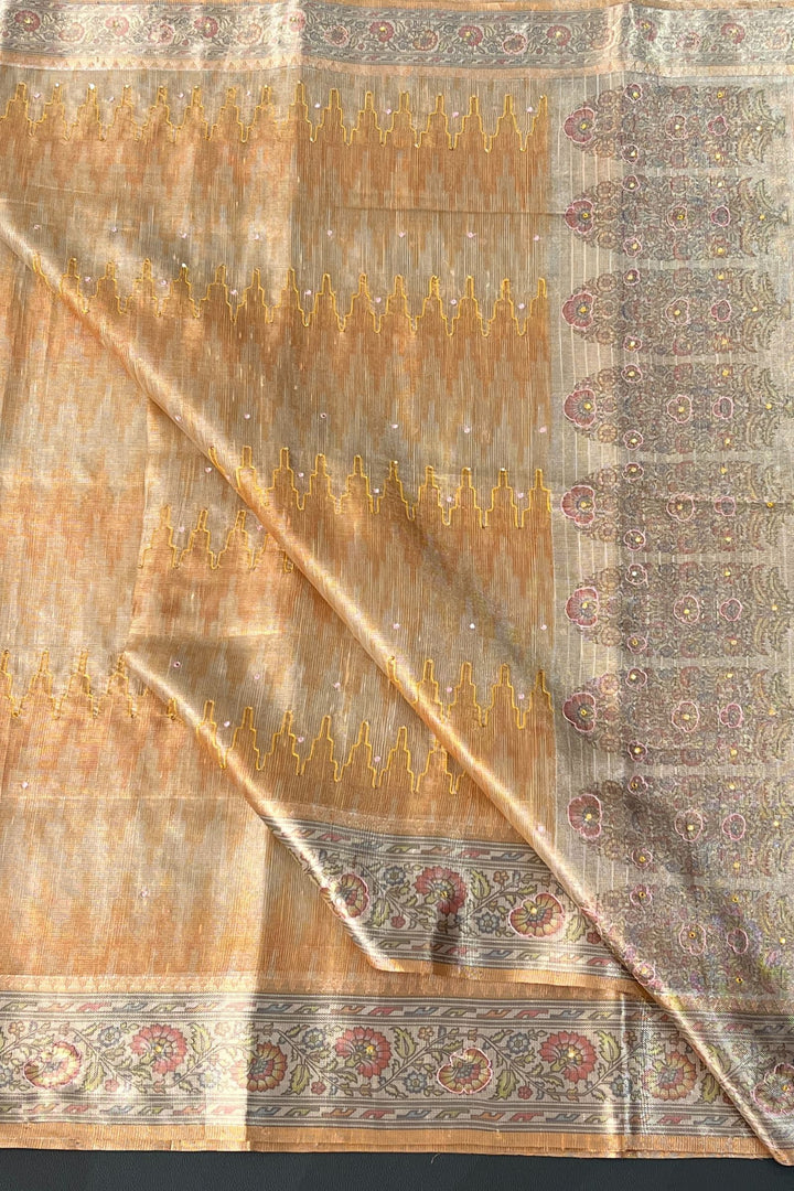 Golden Tissue Saree with Floral Print and Thread work