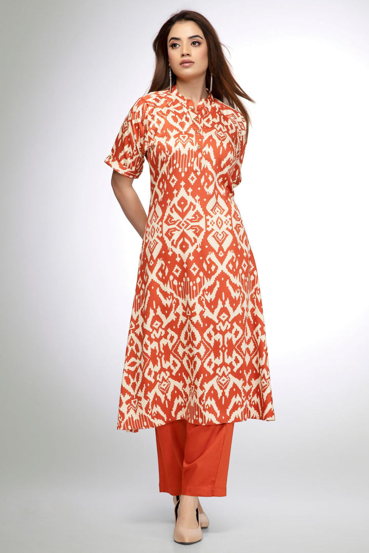 Rust Orange and Ivory Ikat Print A-Line Kurta Set