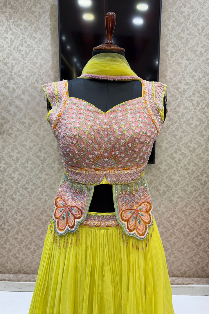 Lemon Yellow Multicolor Embroidery, Sequins and Beads work Crop Top Lehenga